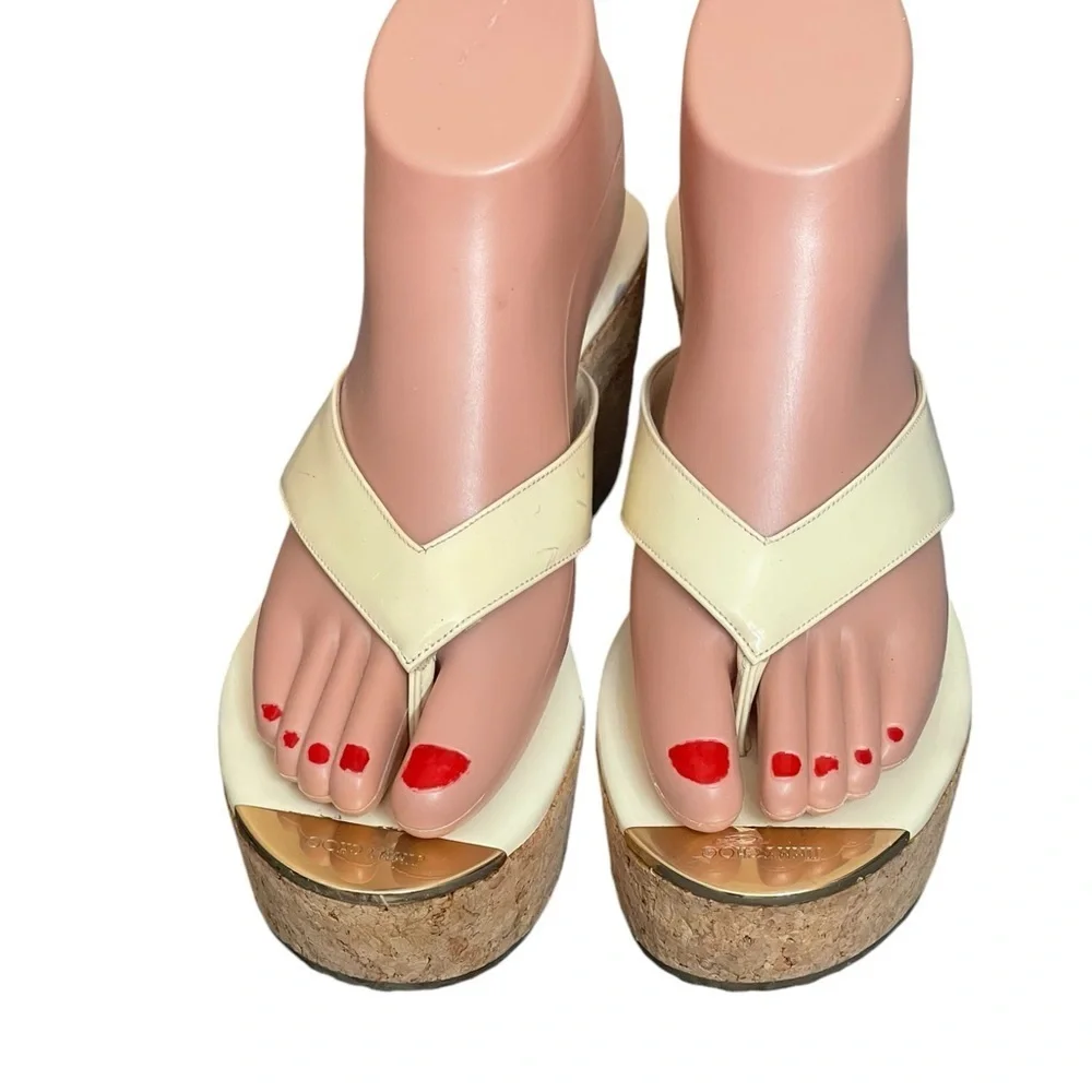 JIMMY CHOO Open Toe Platform Wedge Sandals Leather‎ Cork Size 7/ 37